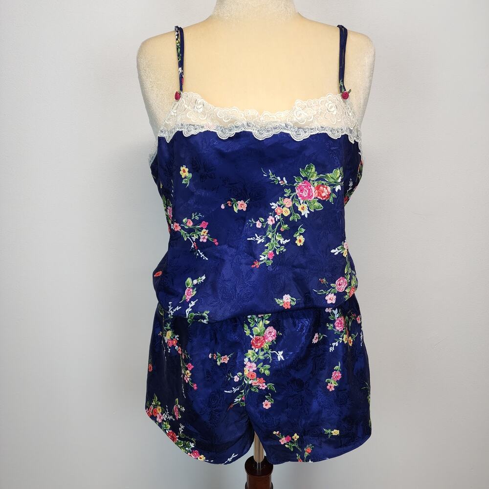 Vintage Inner Most Womens Floral Satin Pajama Set Size XL Blue Lace Trim Sultry